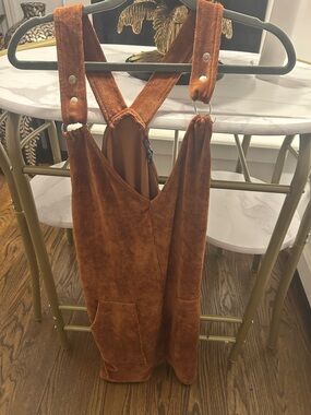 Rust Velvet Overall Dress with Front Pockets